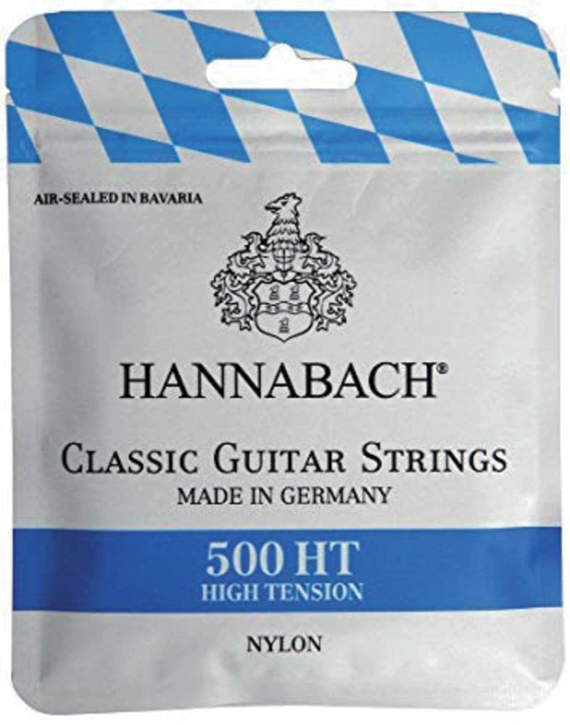 Hannabach 500HT Saiten für Klassikgitarre Satz High Tension, Diskantsaiten: Nylon, Bass: Nylonkern mit versilbertem Kupferdraht umsponnen