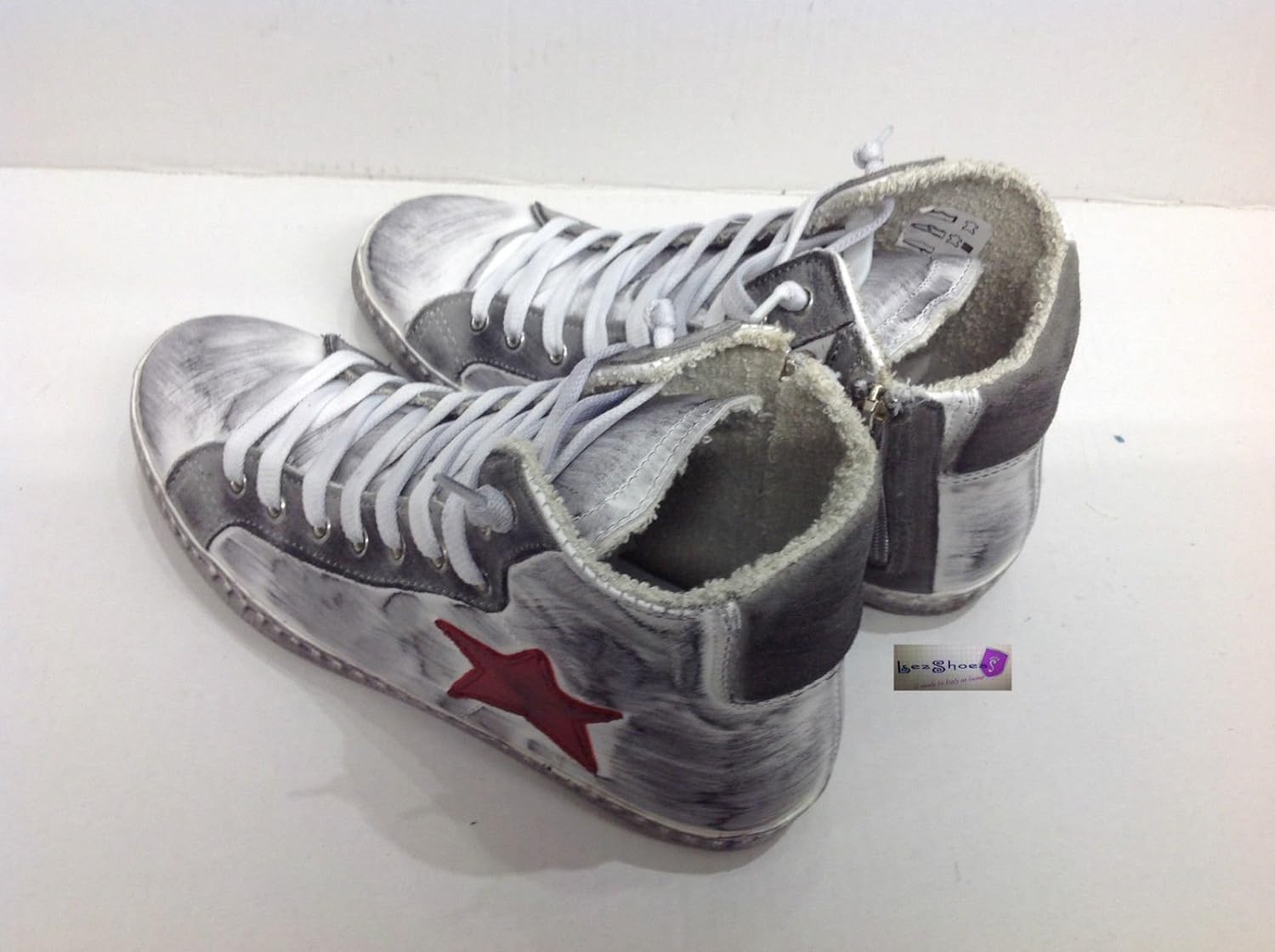 Scarpe Sneakers Alte Uomo Donna Pelle Bianco Grigio Stella Rossa sfumato  Vintage Solette urban-earth.co.uk