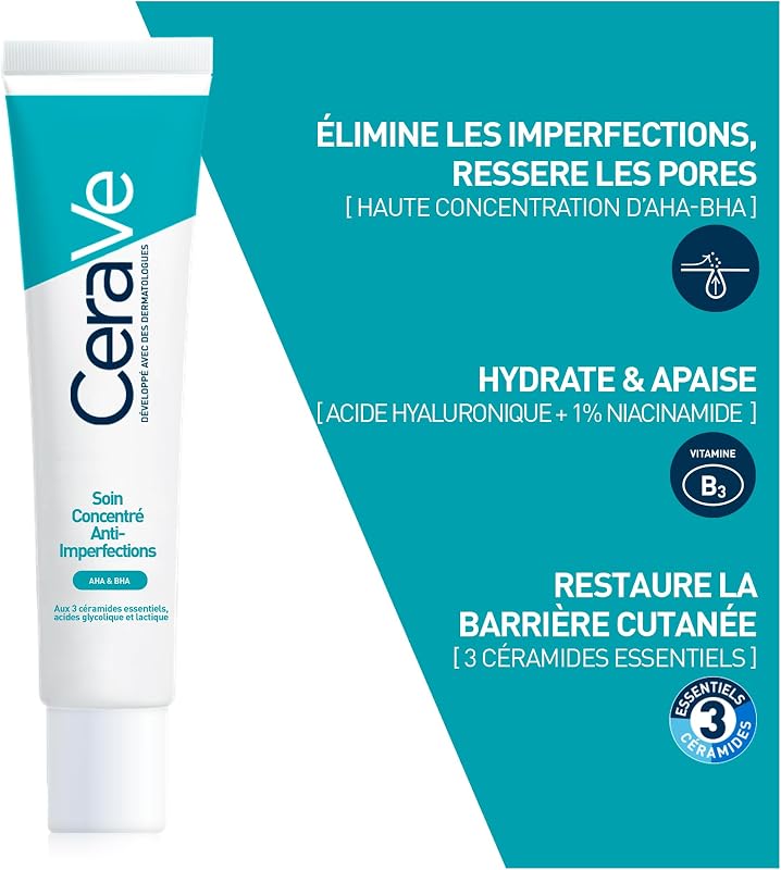 - Soin Concentré Anti-Imperfections Visage, Réduit Boutons Liés à l'Acné, Acide Salicylique, AHA, BHA, Céramides Acide Hyaluronique, Hydratation, Peau à Imperfection et à Tendance Acnéique