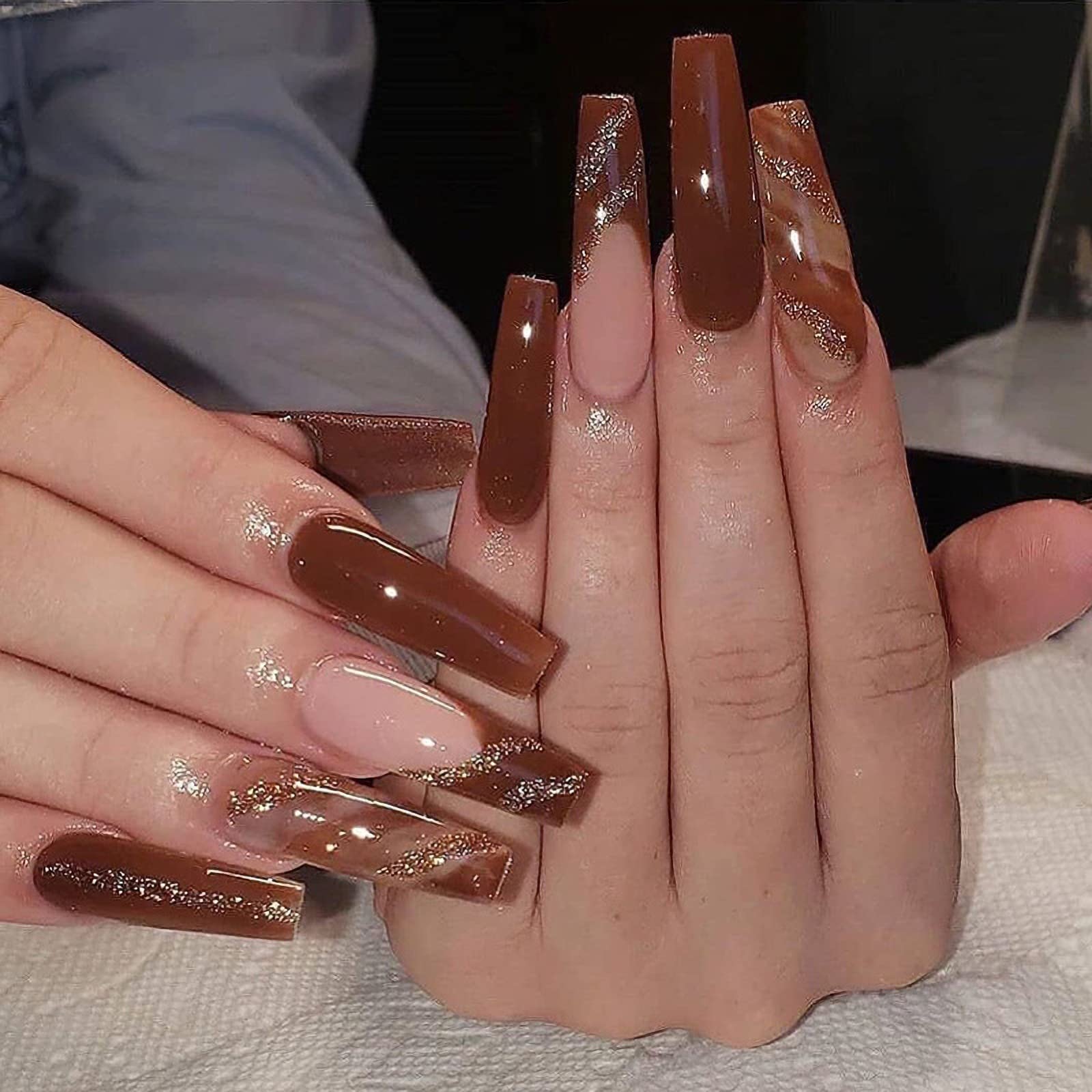 BABALAL Coffin Press on Nails Long Fake Nails Glossy Glue Nails Brown Fall Acrylic Nails Ballerina Manicure Stick on False Nails for Women and Girls