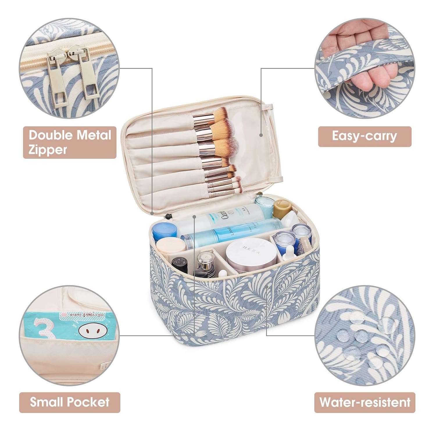 Travel Makeup Bag Large Cosmetic Bag Make up Case Organizer for Women and Girls (Large, Blue Leaf) : Beauty