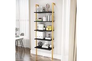 DKLGG 5-Tier Ladder Shelf, Industrial Wall Mounted Bookshelf, Narrow Ladder Bookcase with Wood Board and Metal Frame, Open Display Shelf for Living Room, Bedroom, Office, Black and Gold