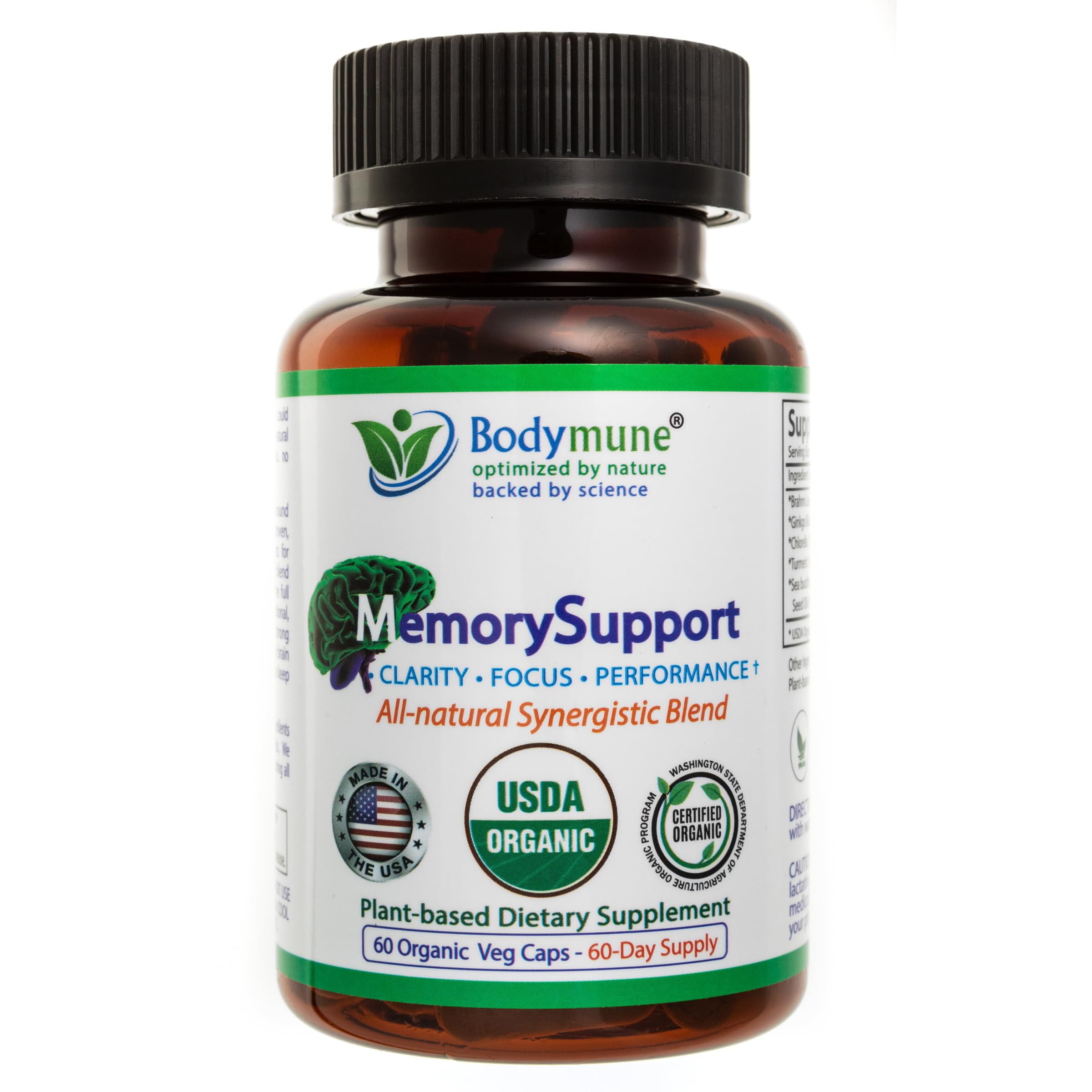 Bodymune MemorySupport Brain Health Formula | Supports Mental Clarity, Recall & Concentration* | USDA Organic Nootropic Blend with Ginkgo Biloba & Ashwagandha | 60 Vegan Caps | Made in USA