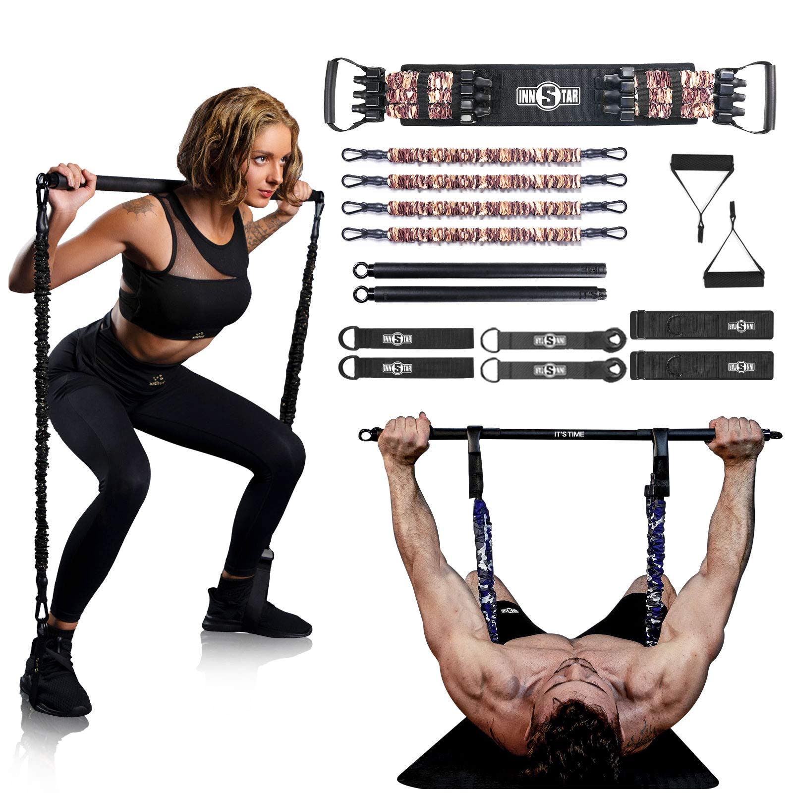INNSTAR Portable Home Gym Set with Workout Bar, Bench Press Set, Squat Resistance Band, Door Anchor and More-Full Body Workout Equipment to Build Muscle and Shape Body (Brown|200LB)