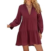 R.Vivimos Cotton Casual Dresses for Women Long Sleeve V Neck Tiered Flowy Mini Tunic Dress