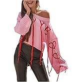 SweatyRocks Women's Love Heart Print Sweaters Long Sleeve Crew Neck Fringe Knit Pullover Tops