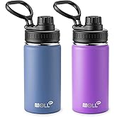 Mollcity Kids Water Bottle 2 Pack 12 oz Stainless Steel Vacuum Insulated Water Bottle Wide Mouth Sports Flask with Leakproof Spout Lid (Royal Blue-Purple)