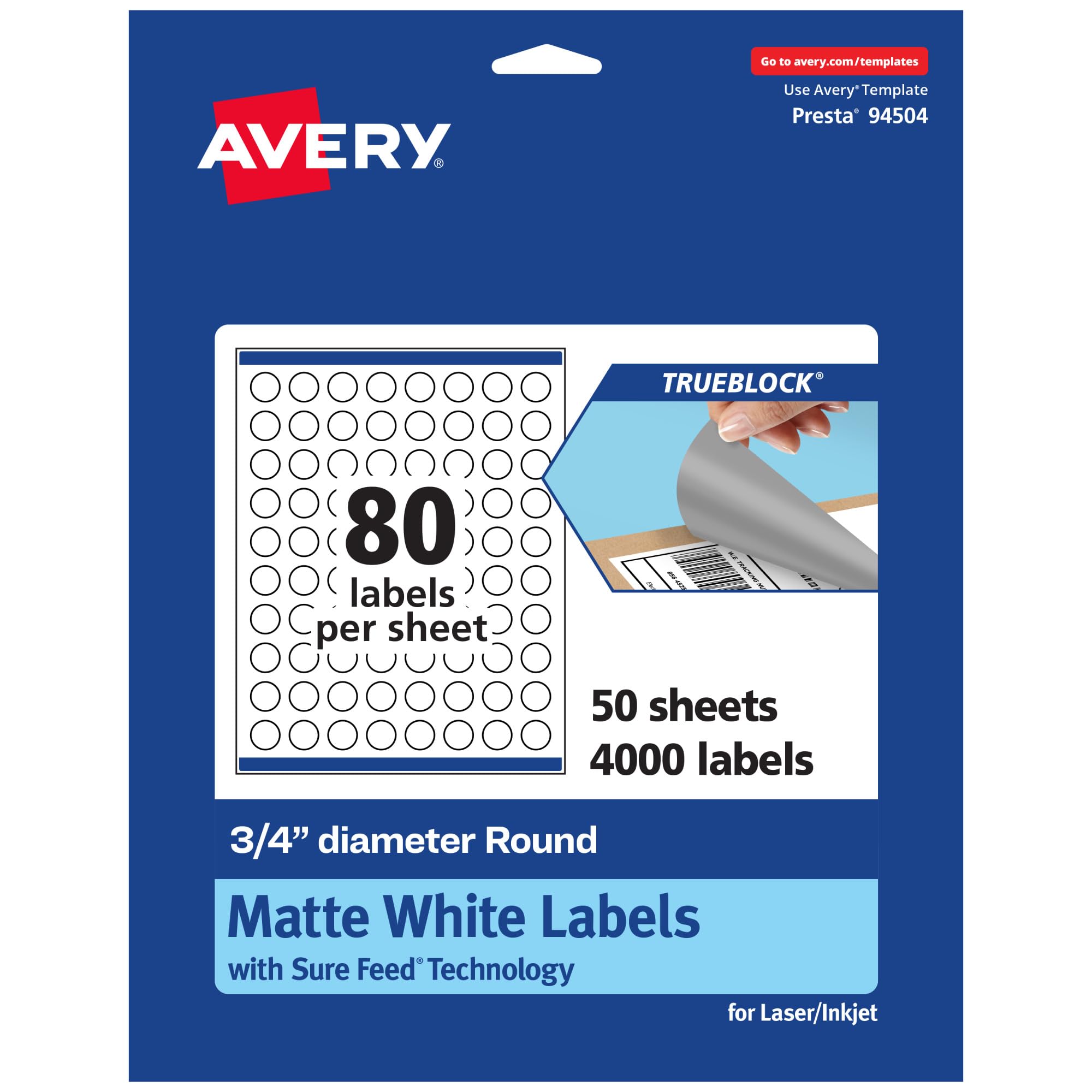 Avery TrueBlock Matte White Round Labels, Sure Feed Technology, 0.75″ Diameter, 4,000 Matte White Labels, Print-to-The-Edge, Laser/Inkjet Printable, Great for Product Merchandising Stickers