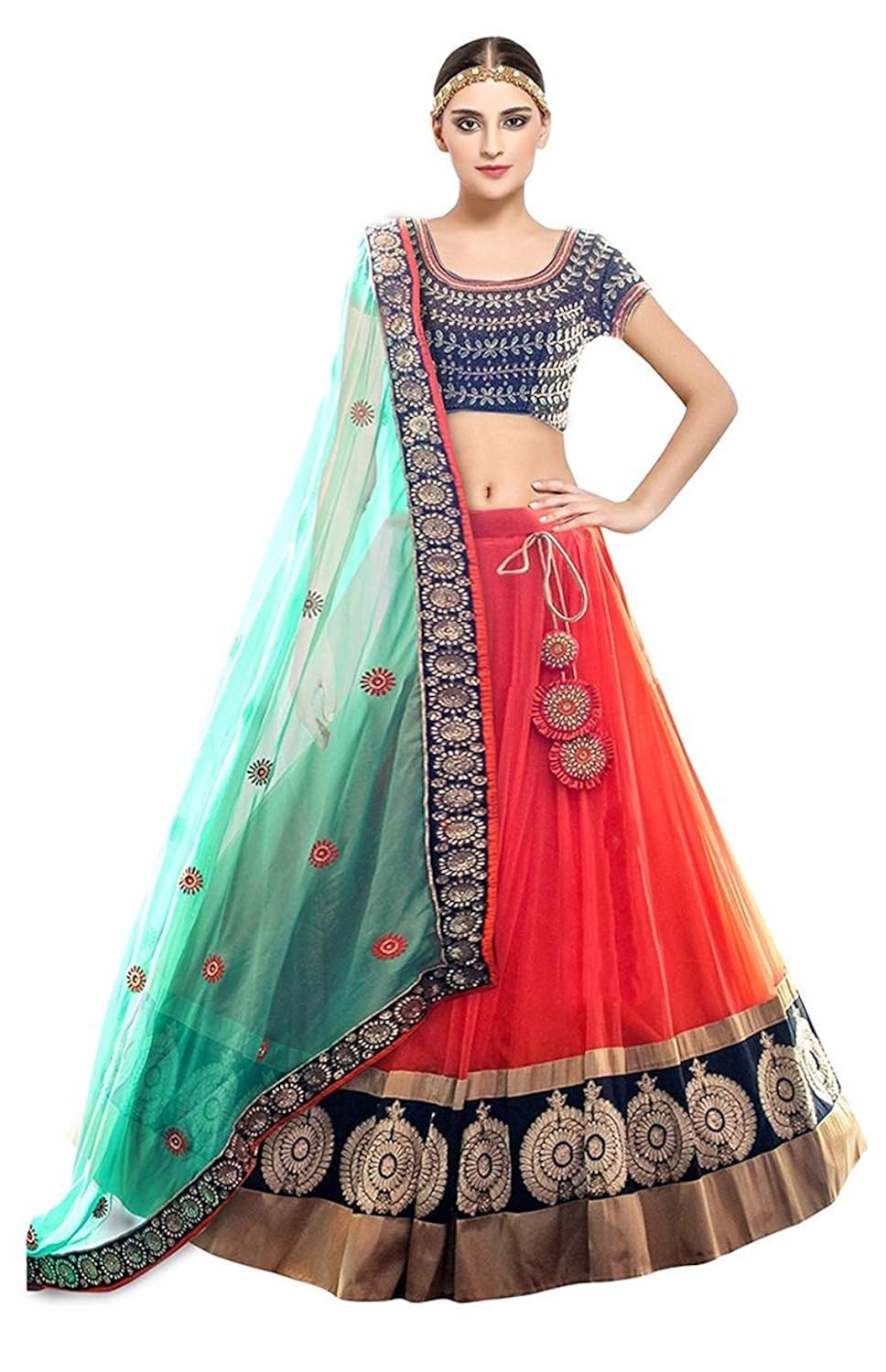 ocean dream women's georgette embroidered lehenga choli (beige_free size, semi-stitched_choli)