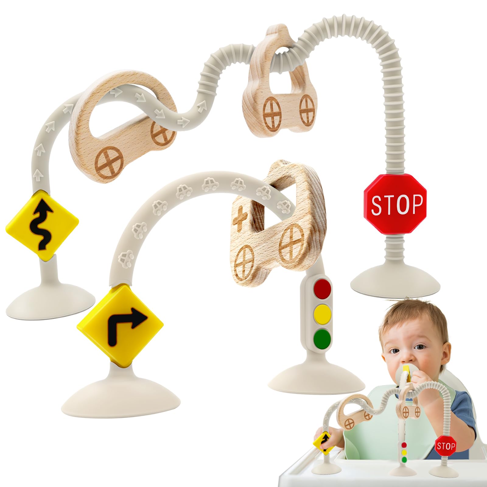 Infant Relief Sensory Toys for Babies 6 7 8 9 12 Months, Suction Cup High Chair Toys for Toddlers, Silicone Travel with Car Wooden Ring for Traffic Cognition Enlightenment Gifts