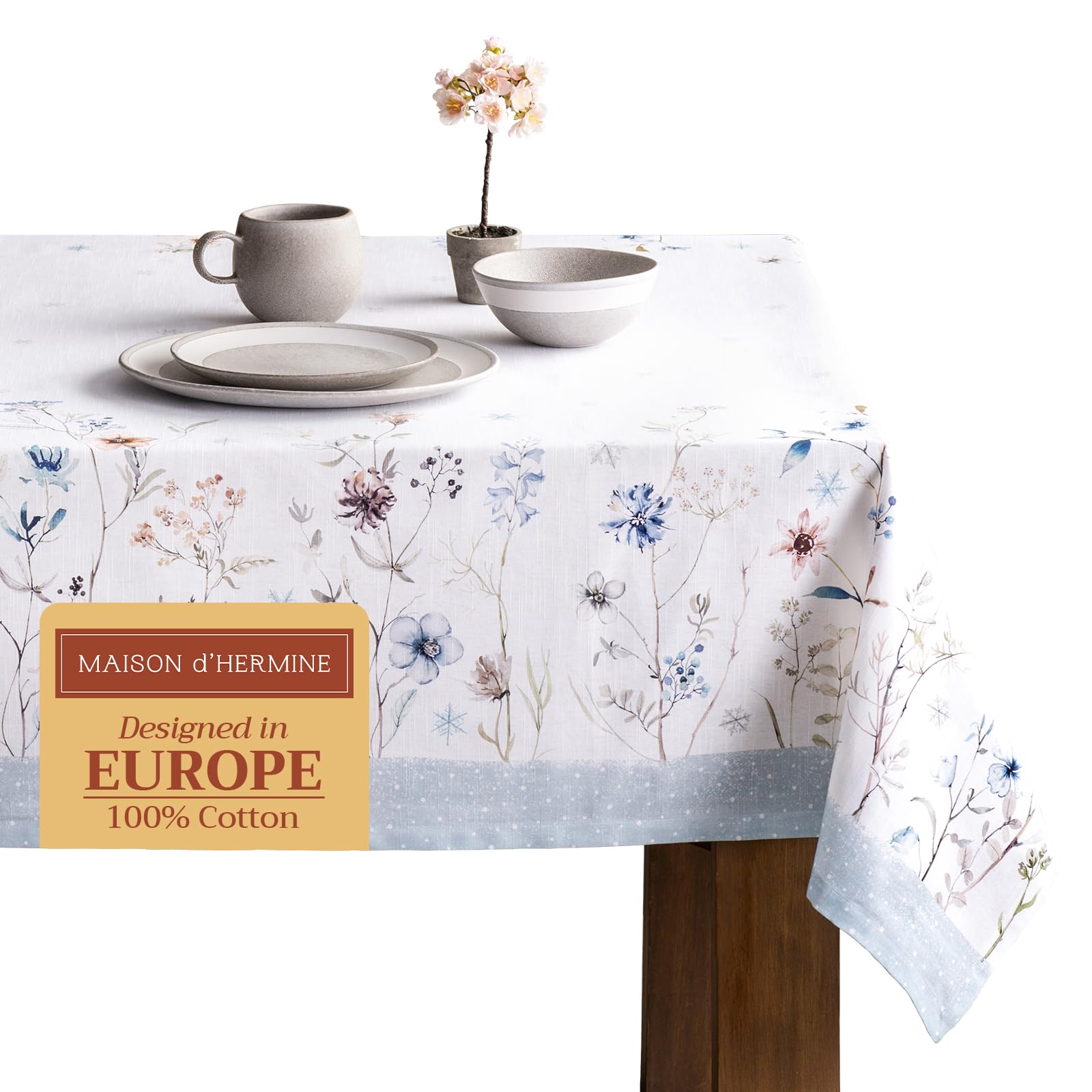Maison d' Hermine Table Cloth Rectangle Table 100% Cotton 180 cm x 140 cm Tablecloth Reusable Everyday Use for Christmas Decorations Dining Farmhouse Home Party Festive (Ice Florals)