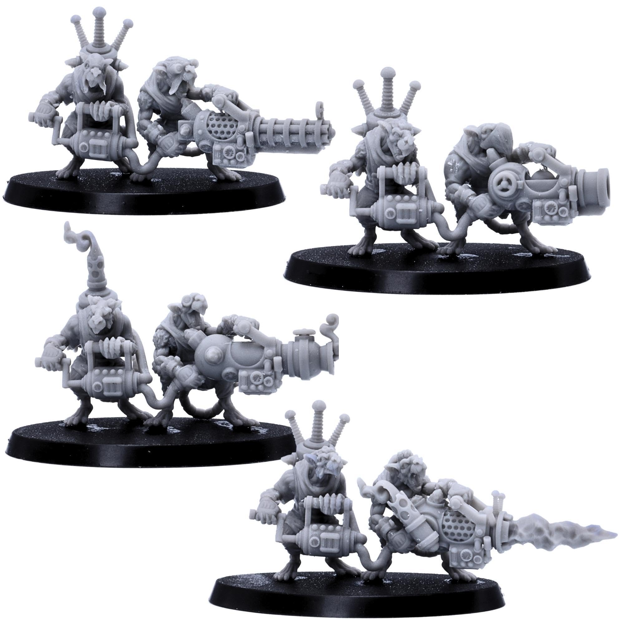 Forged Terrain Fantasy Ratmen Driller Flamer Mortar Crew Bundle Set, Tabletop Games Miniature Ratfolk Heavy Weapon Armor Figures for Wargaming