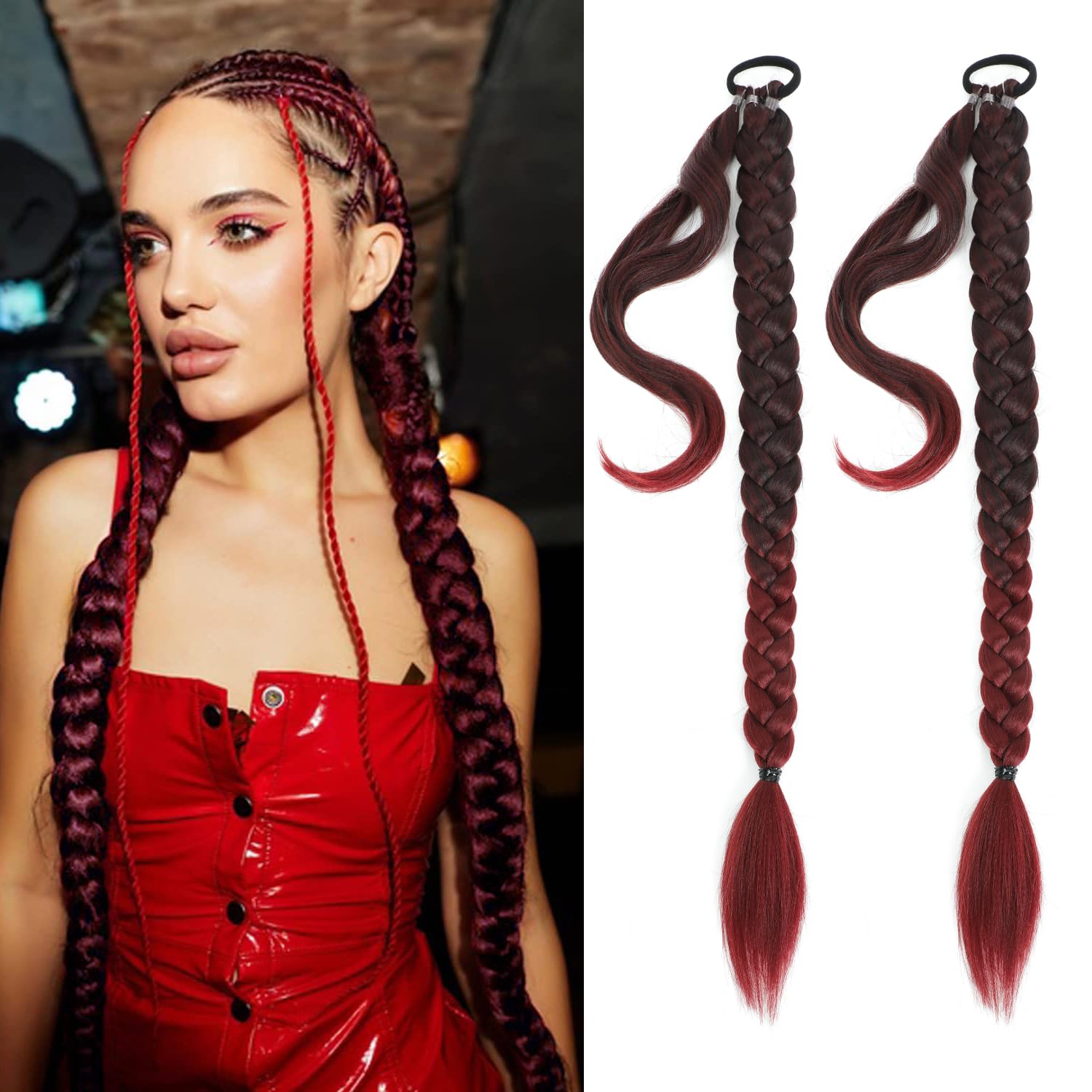 Photo 1 of 2 Packs 24 Inch Braided Ponytail Extension for Black Women Soft Synthetic Hair Piece For Women with Hair Tie Straight Wrap Around Ponytail pre Stretched (1B/bug, 24 Inch (Pack of 2))