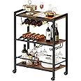 HOOBRO Bar Cart, 3-Tier Coffee Cart with Wheels, Kitchen Cart, Wine Cart with Wine Rack and Glass Holder, Rolling Serving Cart for Home, Living Room, Party, Bar, Rustic Brown and Black BF35TC01G1