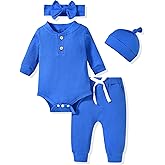 Aalizzwell Gender Neutral Long Sleeve Baby Ribbed Outfit with Hat & Headband