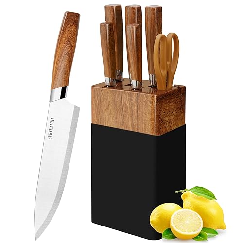 lapelux Kitchen Knife Set - 6 Piece Kitchen Knives with Knife Block, Wood Grain Handle, Sharp Stainless Steel Knife with Chef, Bread, Slicer, Utility, Paring Knife for Cutting Vegetables/Meat/Fruit.
