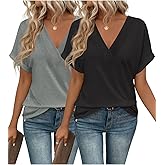 2PCS T Shirts Short Sleeve V Neck Tees Womens Tops Fashion Beach Vacation Clothes 2026 Casual Summer Spring Outfits