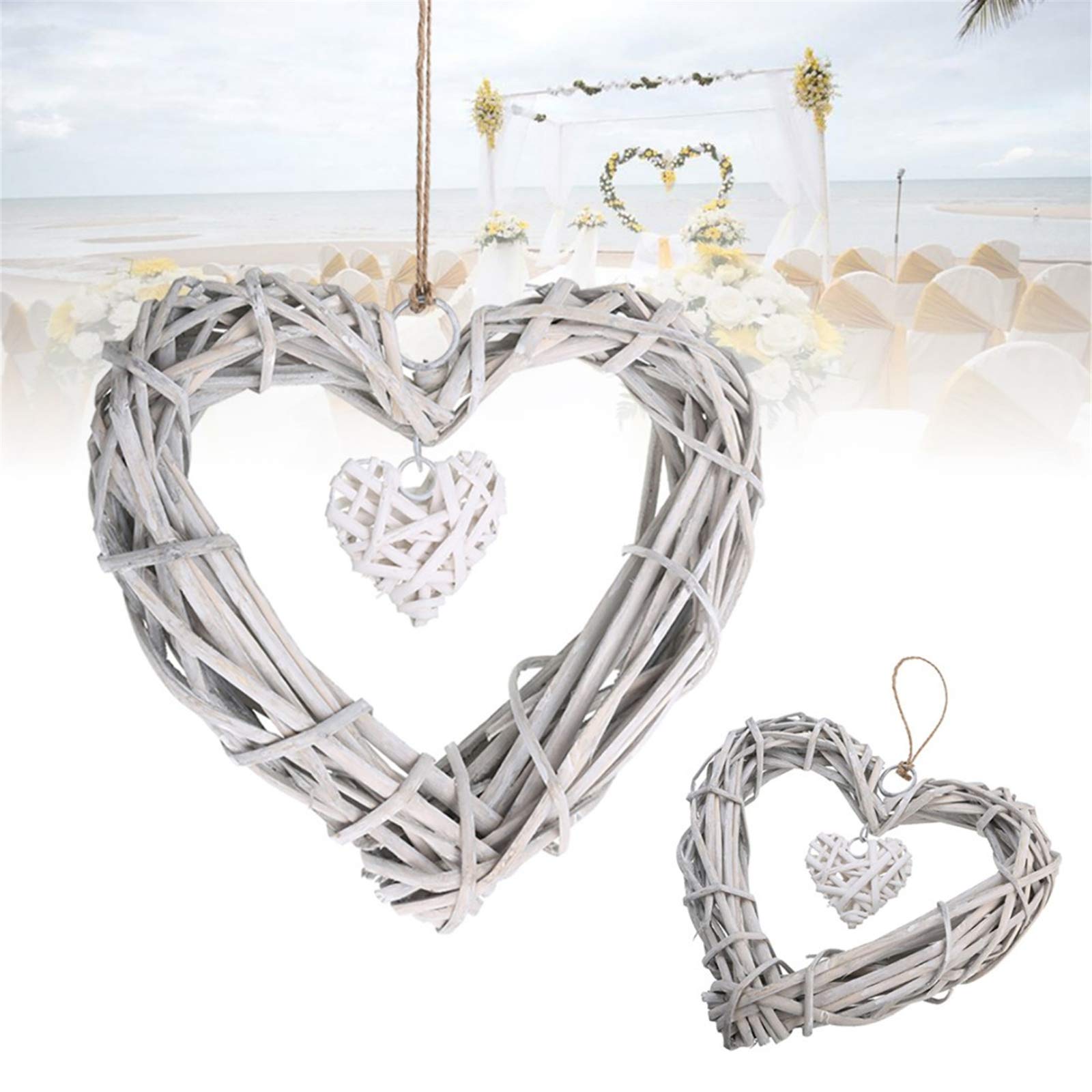 Wicker Heart Wreath, Gray White Artificial Wreaths DIY Heart Wicker for Wedding Birthday Party Wall Hanging Decoration