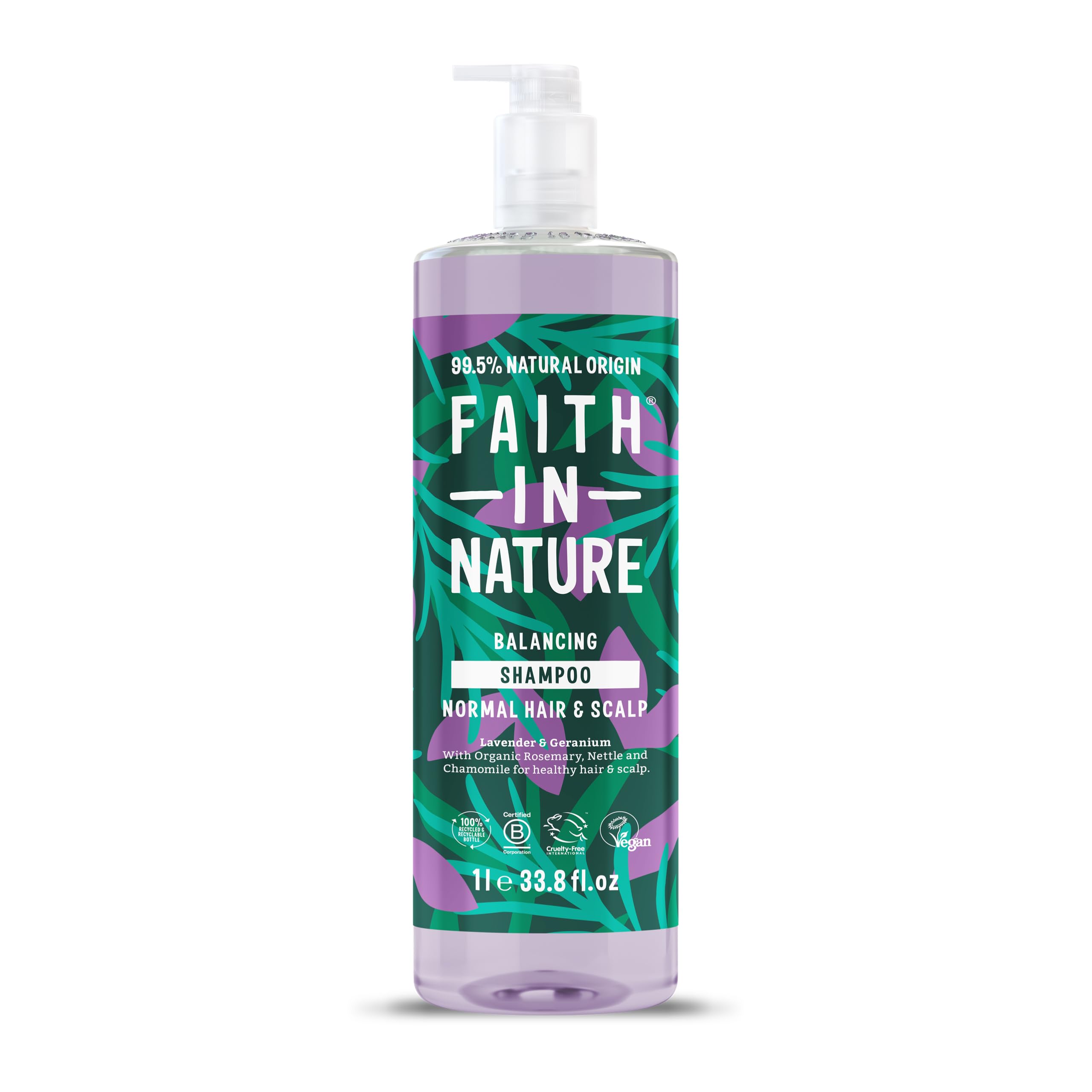 Faith In Nature 1L Natural Lavender & Geranium Shampoo, Balancing for Normal Hair & Scalp, Vegan & Cruelty Free, No SLS, Silcones or Parabens, Family Sized