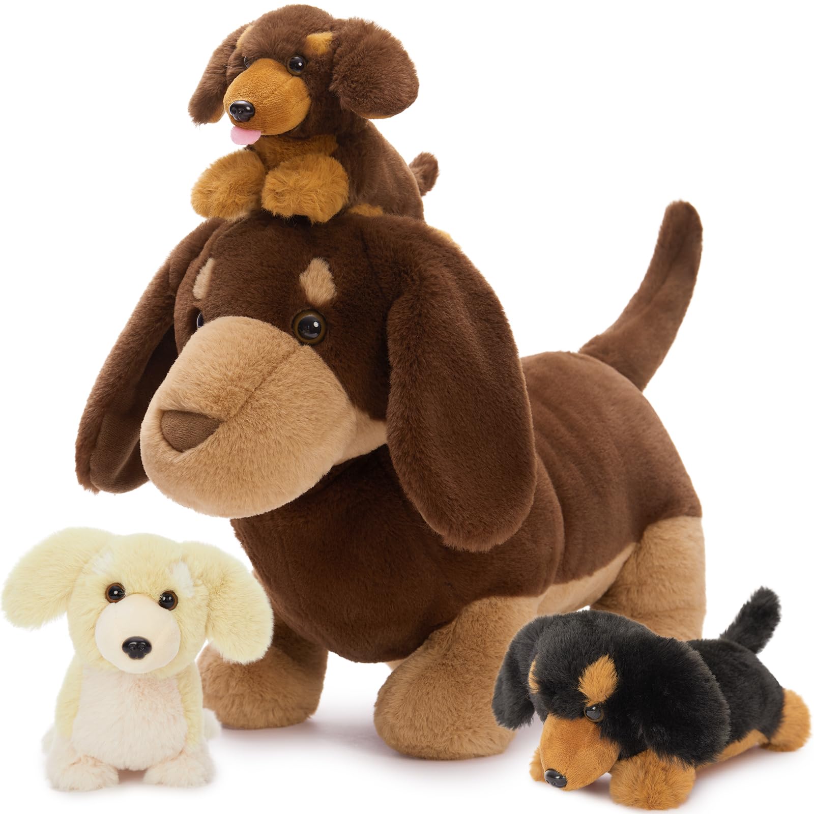 MorisMos Dackel Hund Kuscheltier XXL mit 3 Baby im Bauch, groß plüsch dackel plüschtier stofftier, schwarz wursthund Geburtstag Weihnachten Geschenk Kinder
