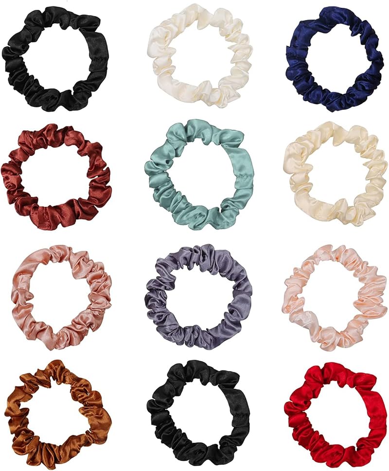 Kuou 12 Pcs Satin Hair Scrunchies Skinny Elastic Hair Ties Soft Silk