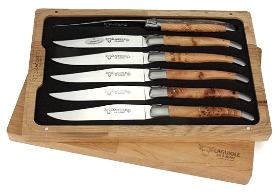 Laguiole en Aubrac Set 6 Steakmesser - Griff Wacholder - Original Frankreich mit Zertifikat - sechs Tafelmesser