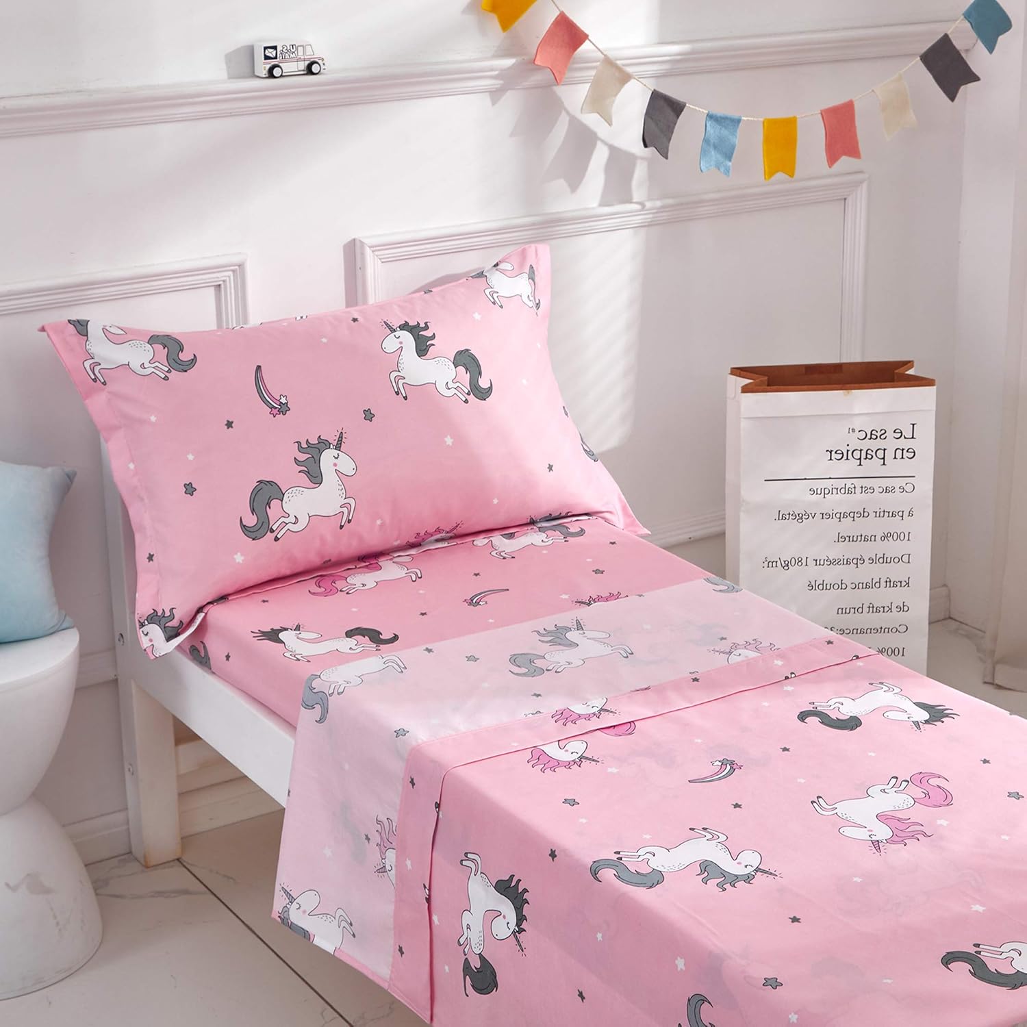 Uozzi Bedding 3 Pieces Microfiber Toddler Sheet Set Girls Pink Unicorn Style with Fitted Sheet, Flat Sheet and Envelope Pillowcase, Soft Skin-Friendly and Hypoallergenic Design