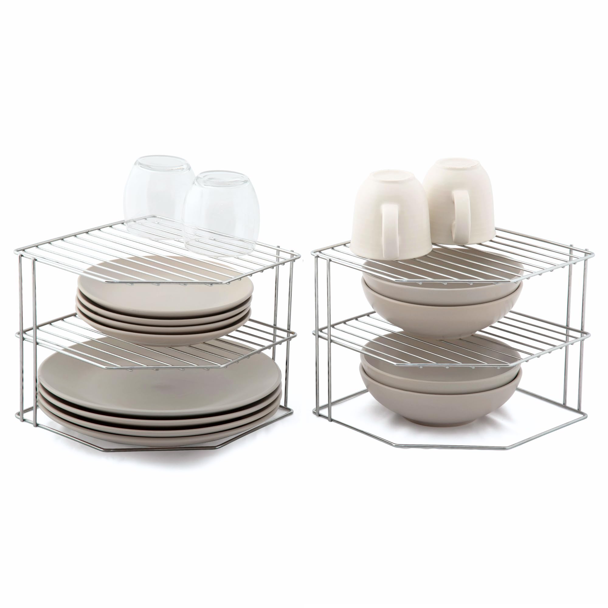 simplywire – 3 Tier Plate Racks – Pack of 2 Kitchen Cupboard Organisers – Chrome Coated Steel