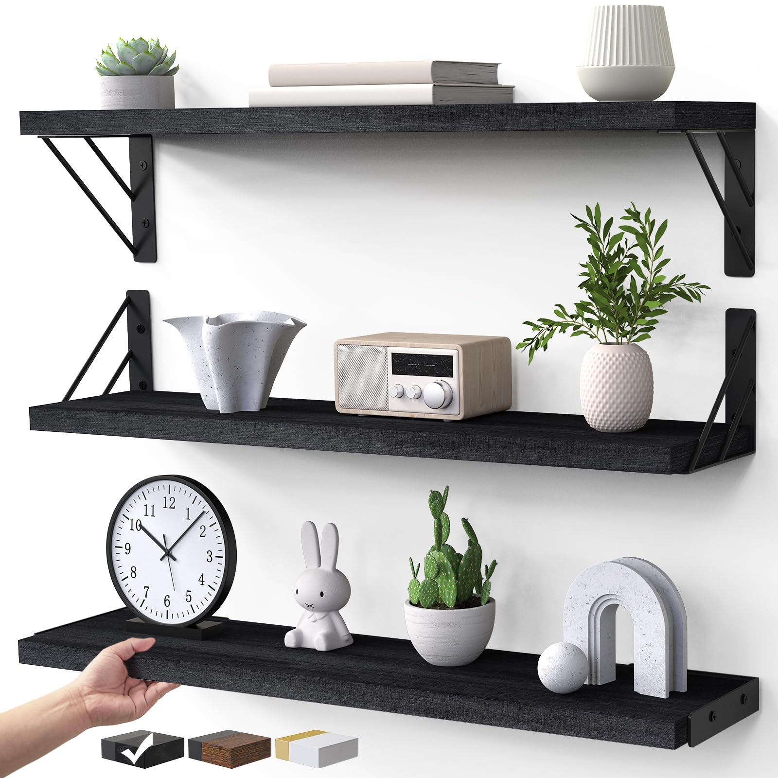 BAYKA Wall Mounted Floating Shelves, Wood Floating Wall Shelf for Books & Decor, Small Space-Saving Display & Organizer（Black，23in，Set of 3） Image