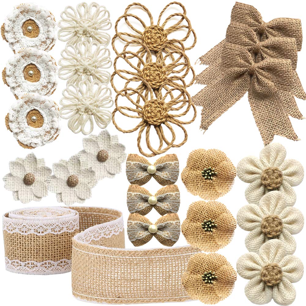 25PCS Handmade Natural Rose Flowers for Crafts, Jute Twine Burlap Flowers and Pearls Bow Rustic Decoration 8 Styles With 1 Lace Ribbon Roll for DIY Craft Wedding Party Christmas