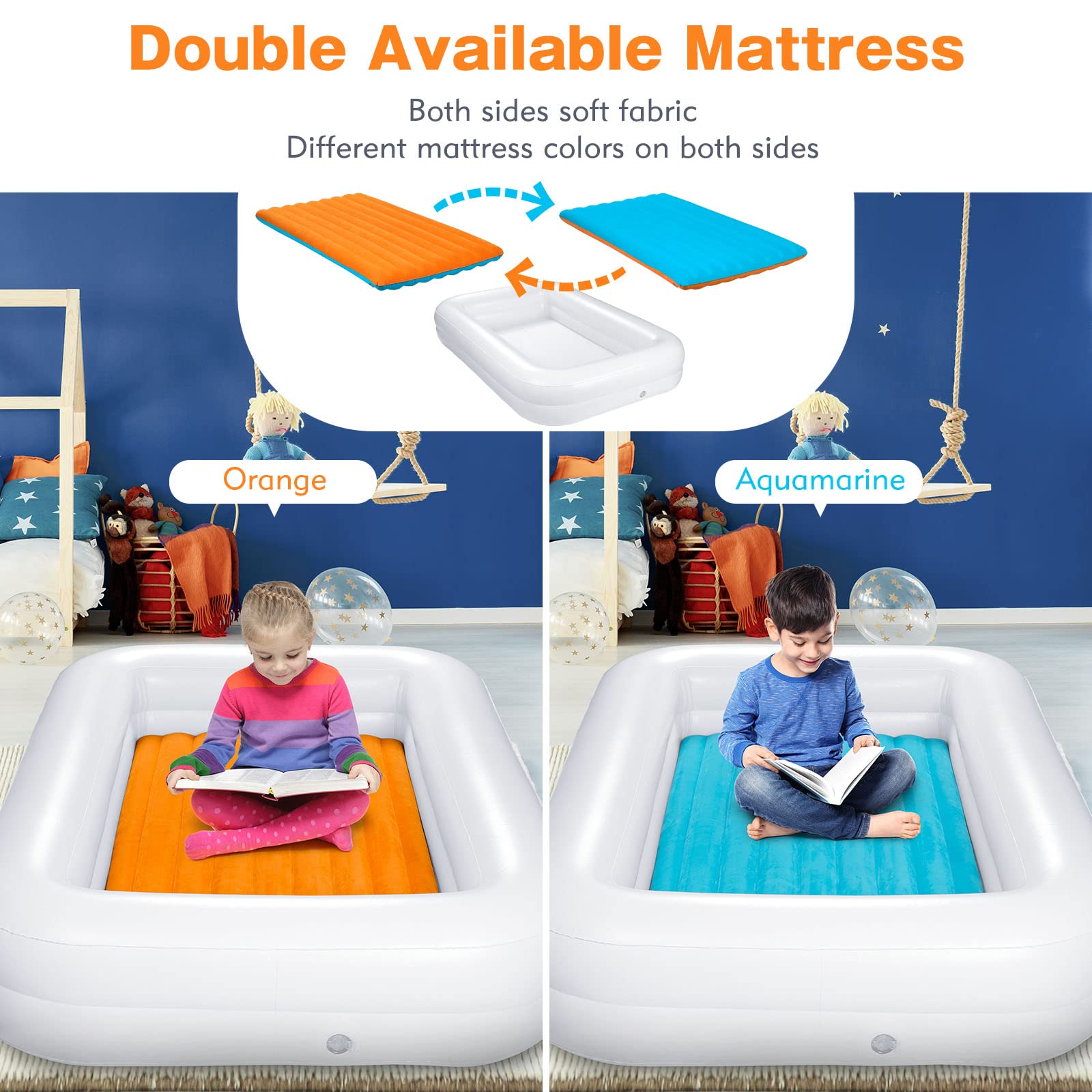 Upgrade Toddler Travel Bed [4-Side] | Both Side Usable Toddler Air Mattress | Inflatable Toddler Bed | Portable Inflatable Kids Travel Toddler Bed | Kids Blow Up Mattress with Sides