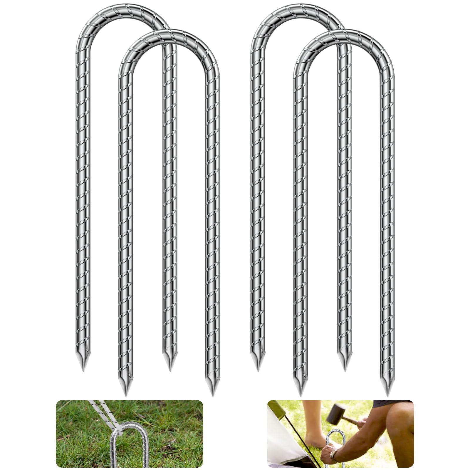 flintronic 4PCS Galvanised Steel Heavy Duty Tent Pegs, Steel Ground Pegs, Camping Pegs, Rust Proof U-Pin 8mm Thick Tent Peg, for Football Goal Net, Garden Outdoor, Trampolines, Swing Gazebo