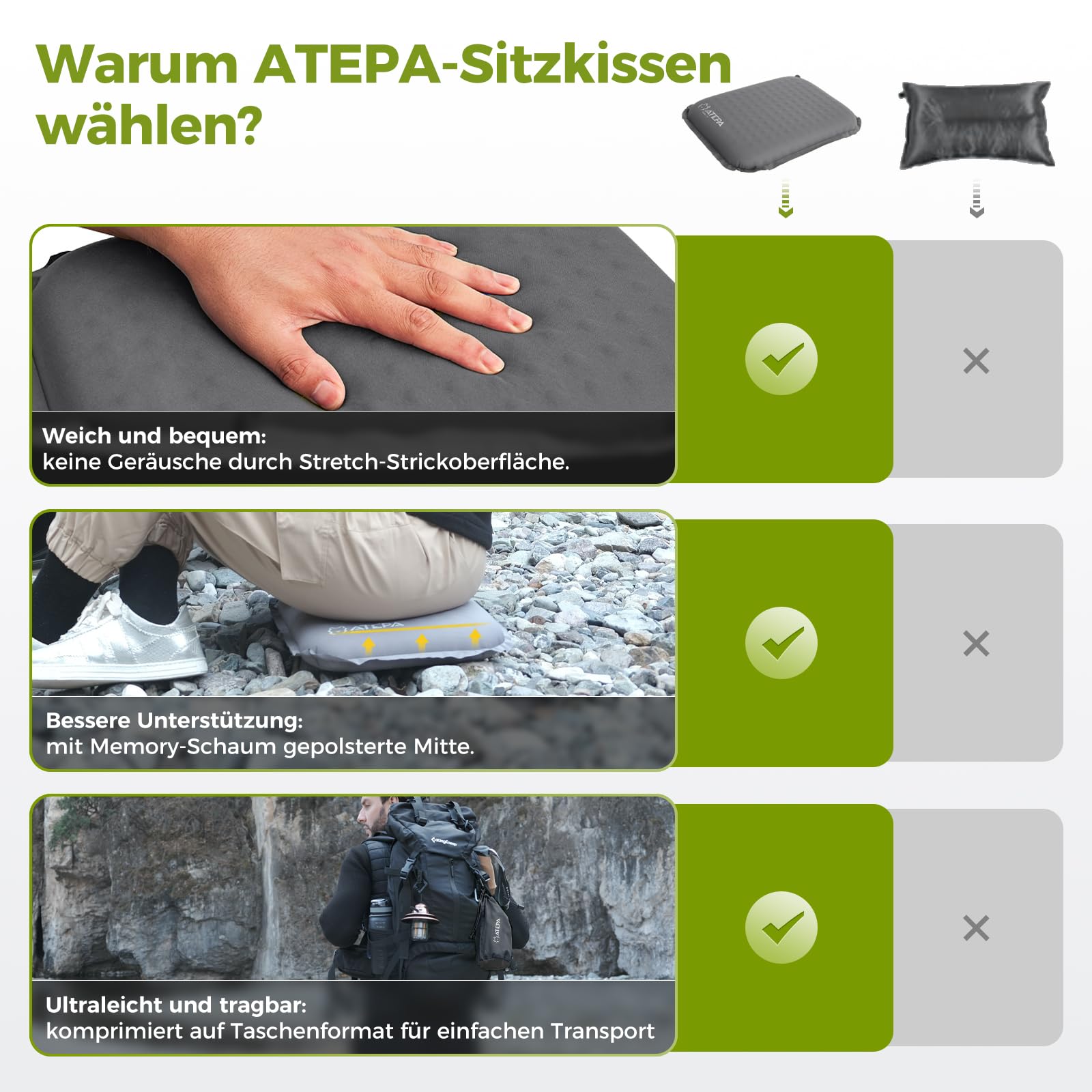 ATEPA Sitzkissen Outdoor, Faltbar Aufblasbar Stadion Flugzeug Unterwegs Camping Wander Bürostuhl Ultraleicht Foam Selbstaufblasend Sitzkissen, Grau 4