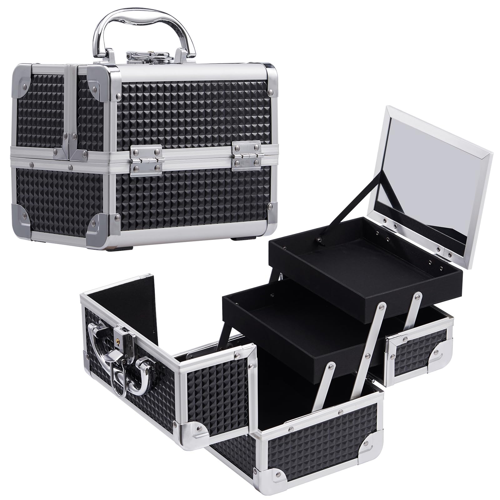 Joligrace Vanity Case Makeup Organiser Box Beauty Case Nail Polish Organiser Box Make Up Case with Mirror, 2 Trays, Lockable, Size: 19.5 x 15 x 16cm (Black)