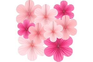 SUNBEAUTY Paper Decoration, Set of 9 - Hot Pink Flower Hanging Ornaments, Party Fans & Floral Backdrop for Weddings, Baby Showers, Birthdays & More