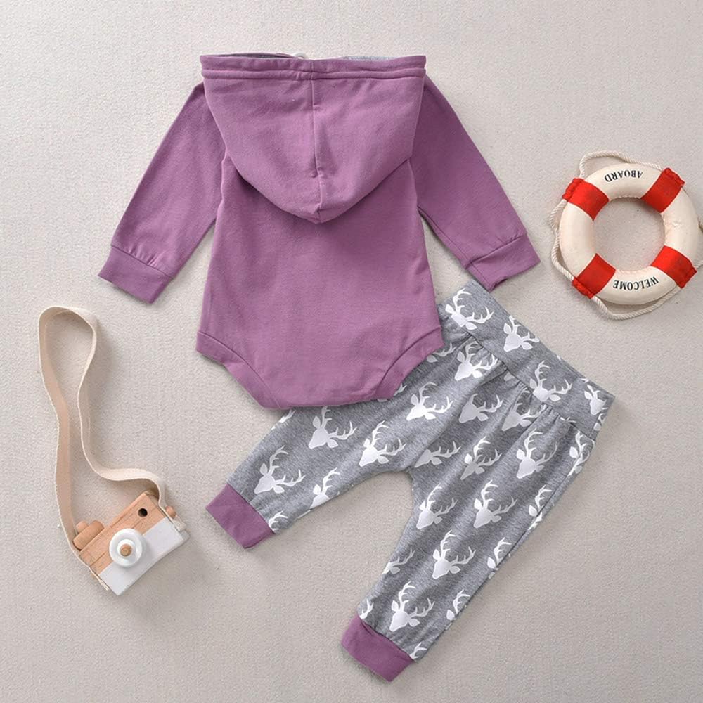Newborn Baby Boy Girl Long Sleeve Deer Romper Pullover Hooded Tops Pants 2Pcs Sweatshirt Outfits Set: Clothing