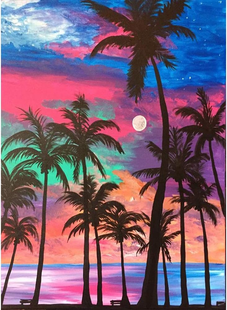 Adults' Paint by Number Kits for Full Drill DIY 5D Diamond Painting,Crystal Rhinestone Diamond Embroidery Pictures Arts Craft for Home Wall Decor,Sunset Beach Coconut Trees