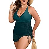 B2prity Women's Plus Size One Piece Swimdress Swimsuit Tummy Control Slimming Swim Dress Mesh Drawstring Skirted Bathing Suit
