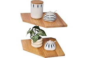 CONAMILY Corner Wall Shelves, Corner Floating Shelves Set of 2 Solid Oak Wood Display Shelf with Wire Hole Small Plant for Kitchen Living Room