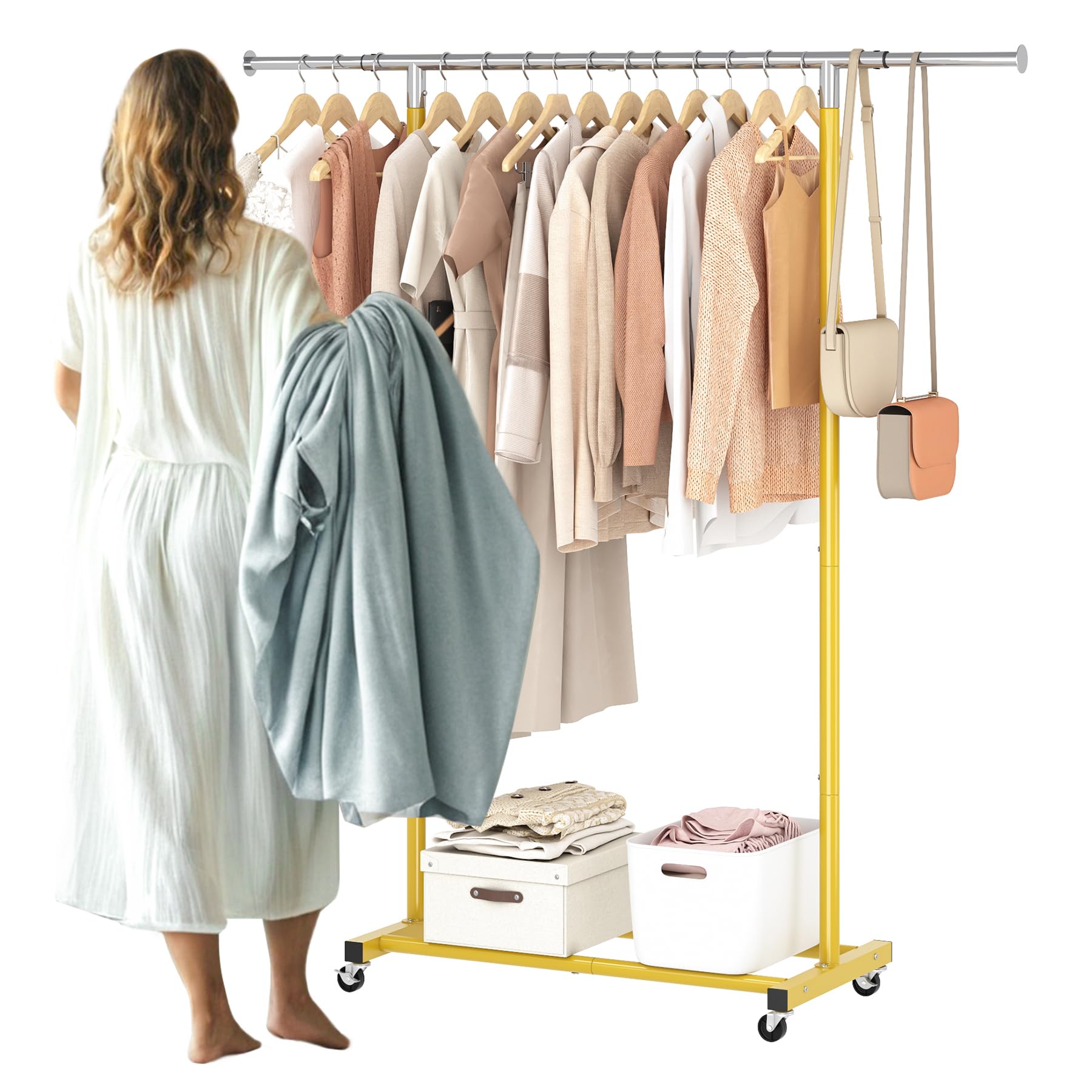 Photo 1 of JIUYOTREE Rolling Clothes Rack with Shelf Clothing Garment Rack with Wheels Width Adjustable Clothing Organizer for Hanging Clothes Shirts Pants Skirts and Bags Gold