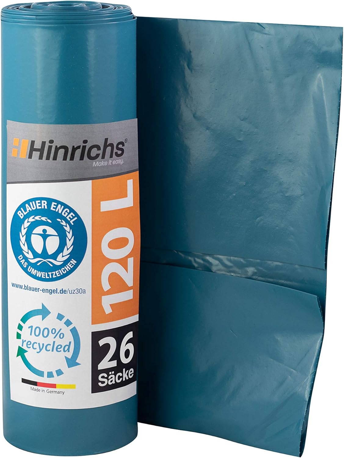 Hinrichs Müllsäcke 120L Blau - Extrem Reißfest - 25+1 Stück - Typ 100 Extra - Müllbeutel 120 L - Blaue Säcke extra stark - 70 µ - 700x1100 mm - LDPE - Blauer Engel zertifiziert