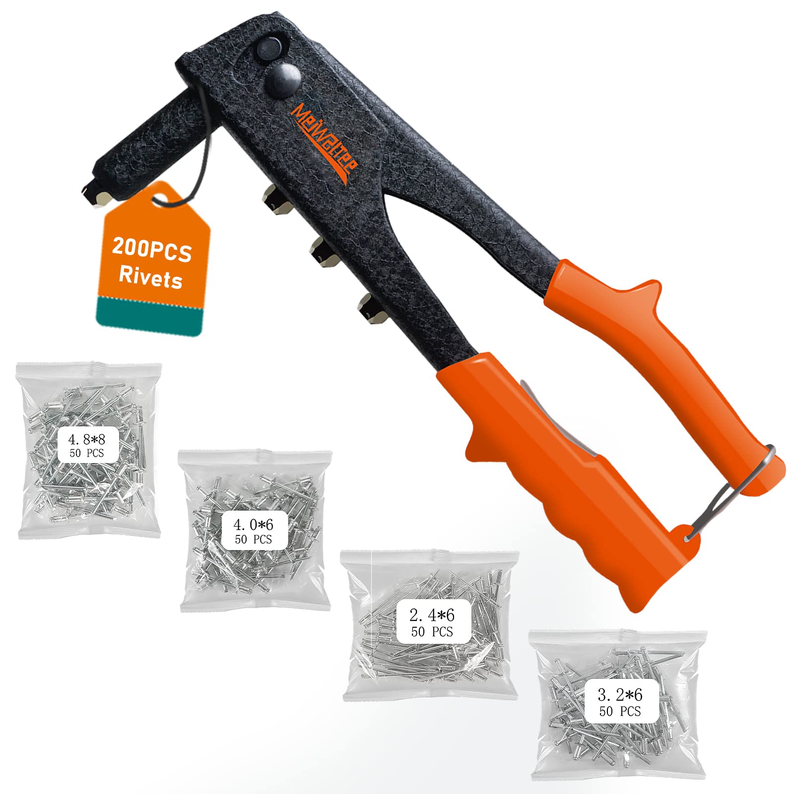 Meiwaltee Rivet Gun With 200 Blind Rivets, 4 Interchangeable Nosepieces 2.4MM-3.2MM-4.0MM-4.8MM, Pop Rivet Gun Suitable For Metal Work, Automotive and Other Common DIY Projects