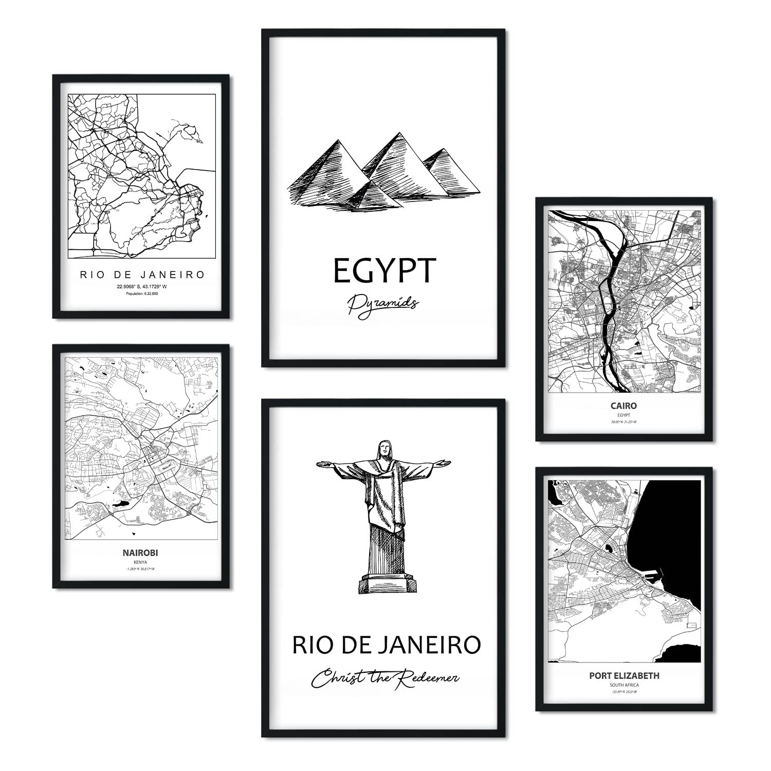 Nacnic Set of 6 prints of South Africa. Aesthetic posters of maps and monuments in Black and White for your home, business, office. Nordic style interior decoration. A4 and A3 sizes. Without frame.