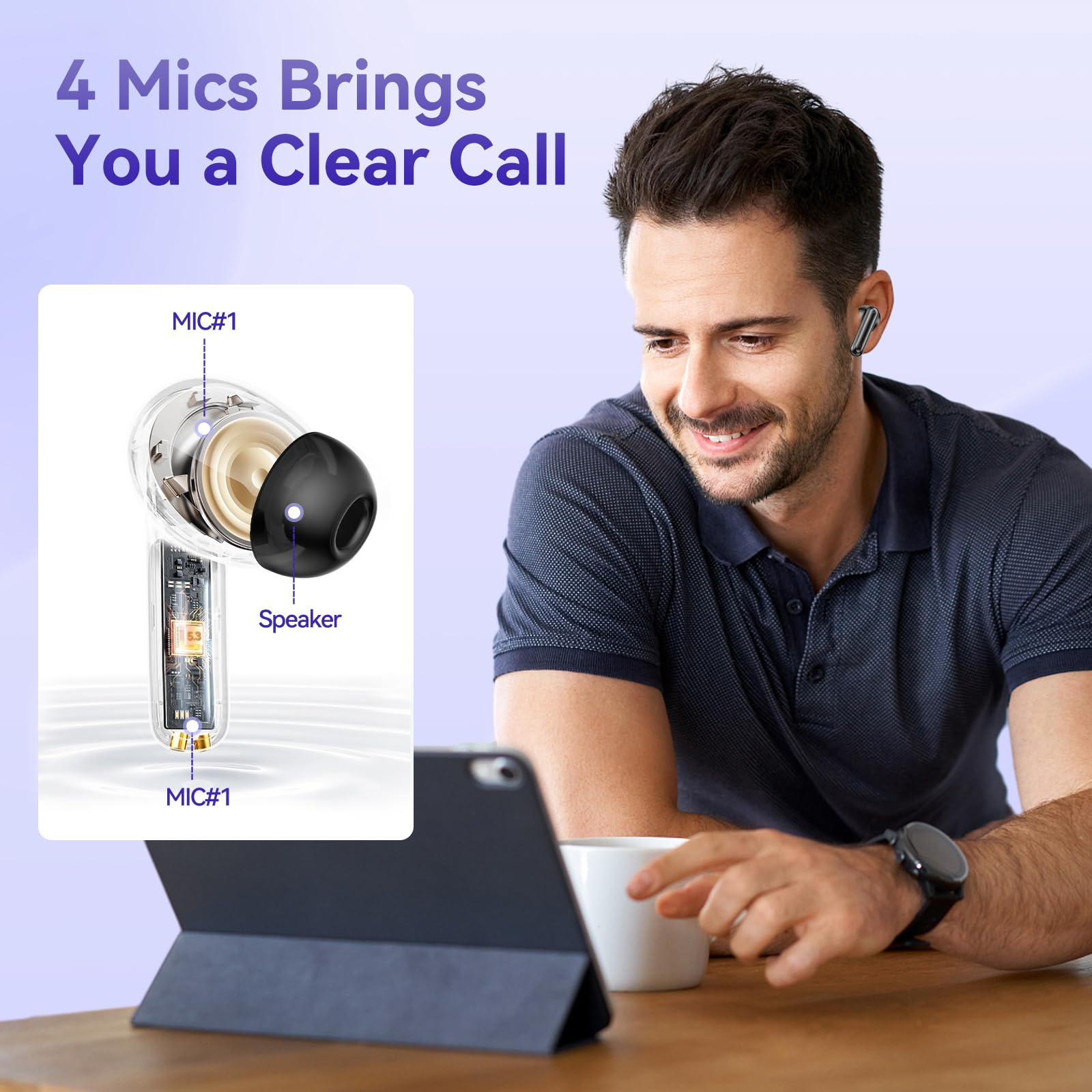 Wireless Earbuds, Bluetooth 5.3 Bass Stereo Headphones, 50 Hours of Playtime with Noise Cancelling Mic LED Display, 4 Microphones IPX7 Waterproof Earphones for Laptop Pad Phones, Black - Image 4