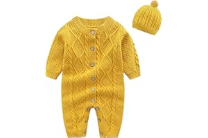 IADOER Baby Newborn Boy Knitted Sweater Romper Cotton Longsleeve Outfit with Kids Winter Warm Hats Set