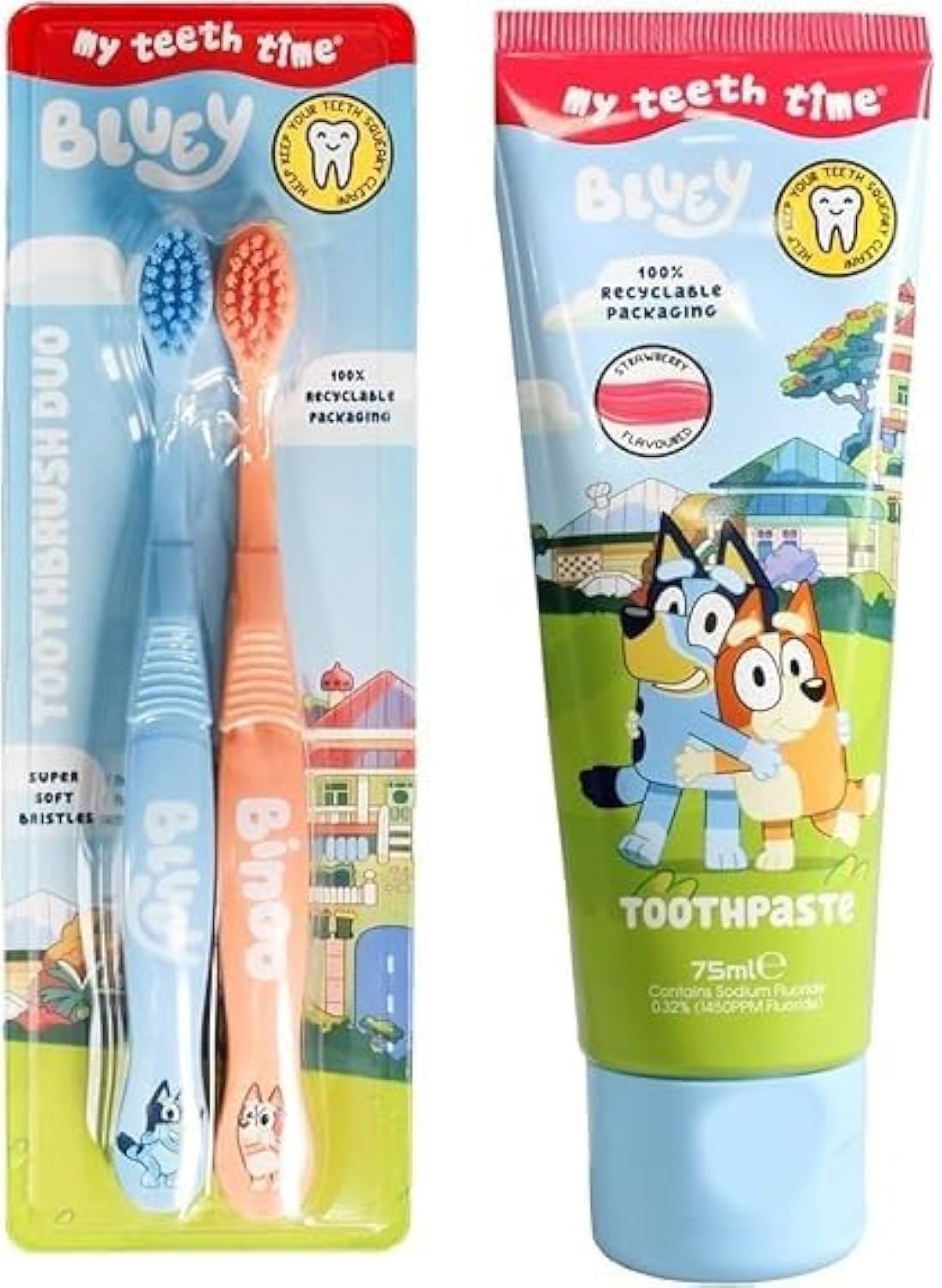 Bluey Toothbrush (Duo) and Toothpaste Set. Two Bluey Toothbrushes and Strawberry Flavoured Toothpaste for Ages 3-8 Years Old
