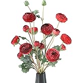 LILUYTO 6Pcs Realistic Silk Red Ranunculus Artificial Flowers Long Stems, 23.6" Tall Fake Flowers Faux Flowers Suit for Year-Round Home Decoration, Wedding, Bridal Bouquets, Office