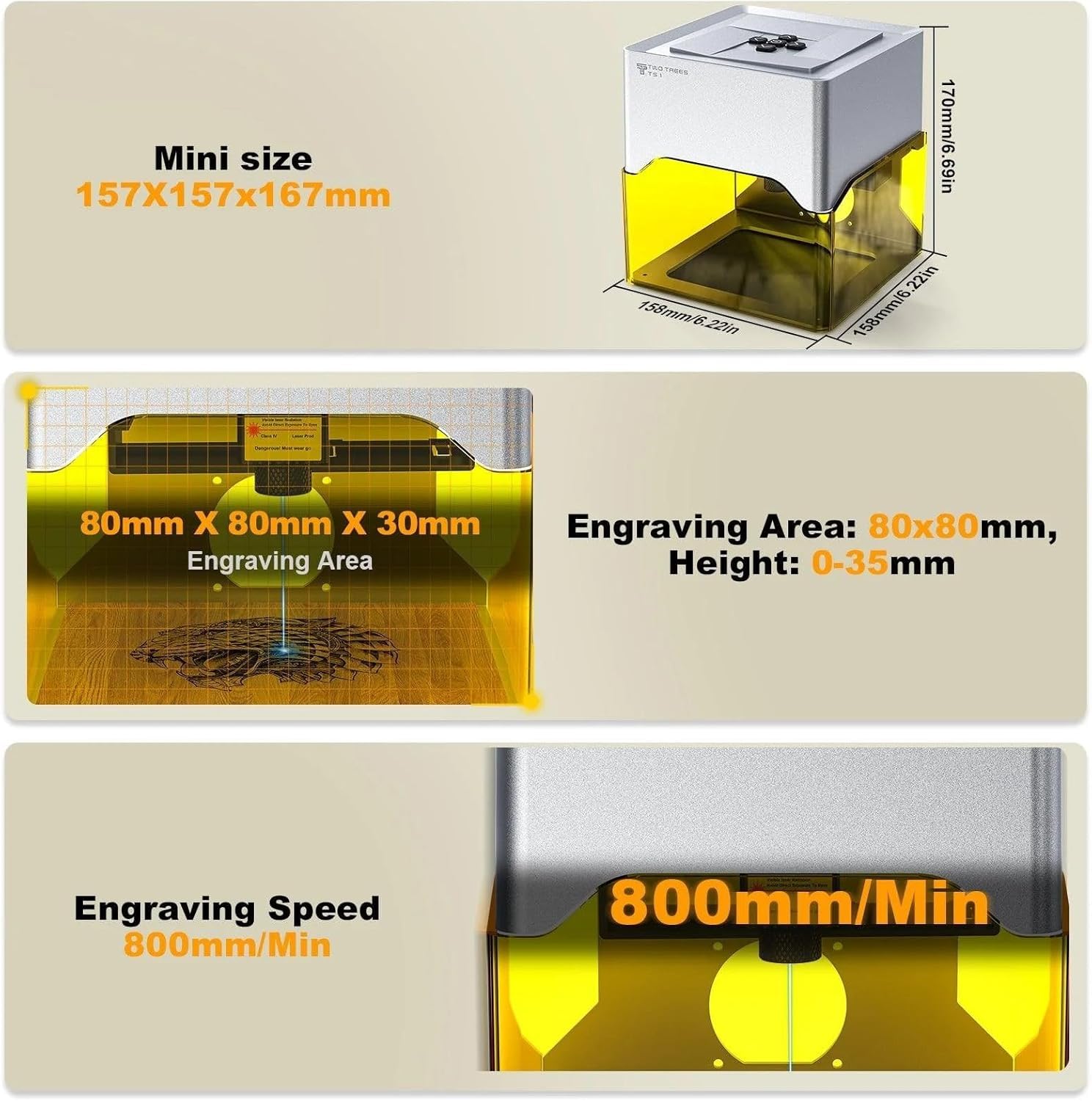 Twotrees TS1 Mini 3W Laser Engraver,Portable Laser Engraving Machine,Lase Cutter,3000mm/min Speed,80x80x30 mm Working Area,Laser Engraver Machine for Jewelry, Metal, Wood, Glass,Leather