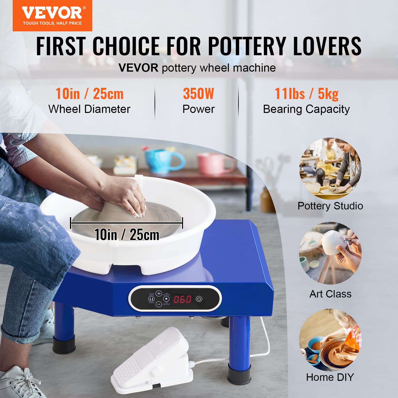 VEVOR Pottery Wheel, for Adults and Beginners, Adjustable 60-300RPM Speed Manual and Foot Pedal ABS Detachable Basin, 10in 350W LCD Ceramic Wheel Forming Machine, with 17 Pottery Accessories Blue