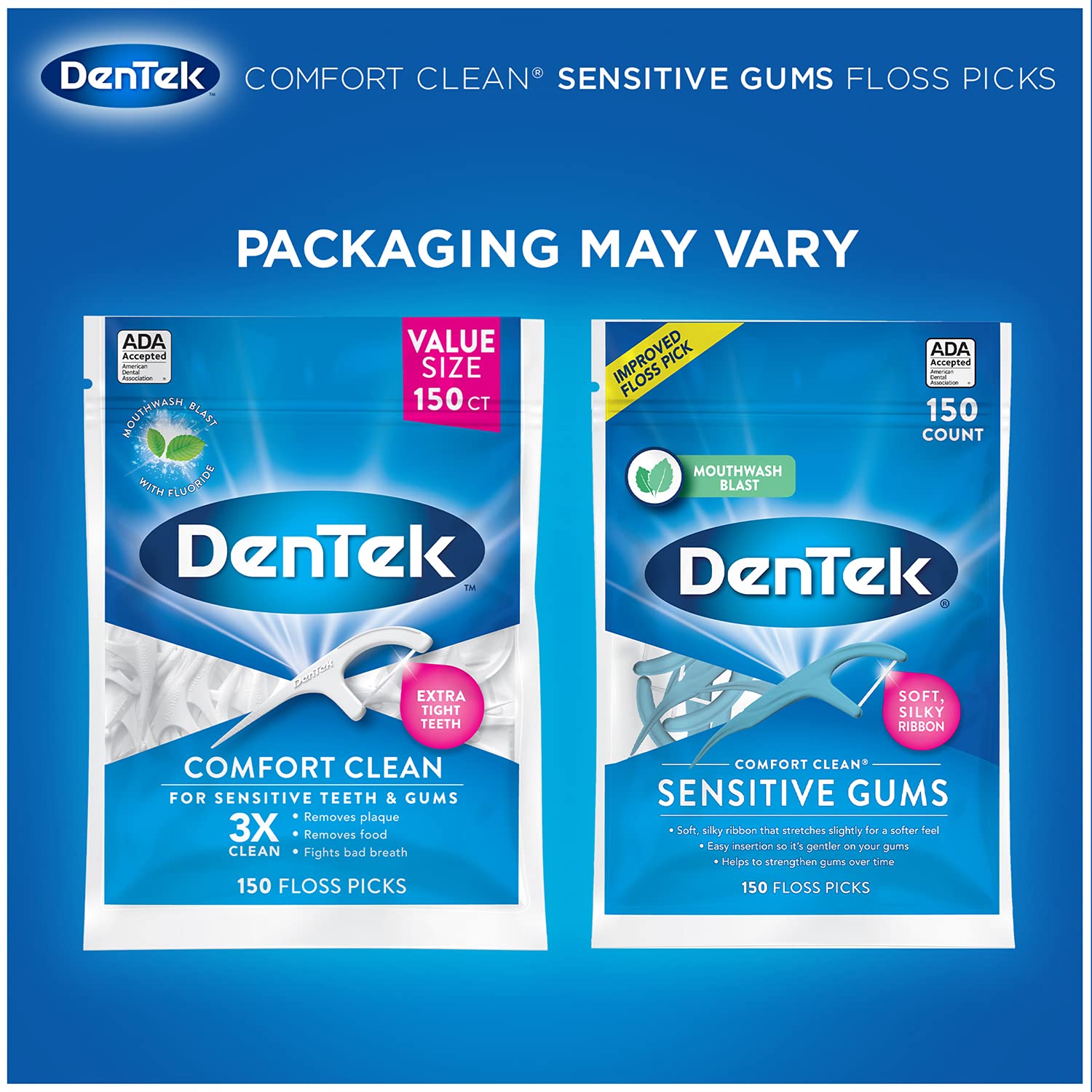 DenTek Comfort Clean Sensitive Gums Floss Picks, Soft & Silky Ribbon, 150 Count, 3 Pack : Beauty